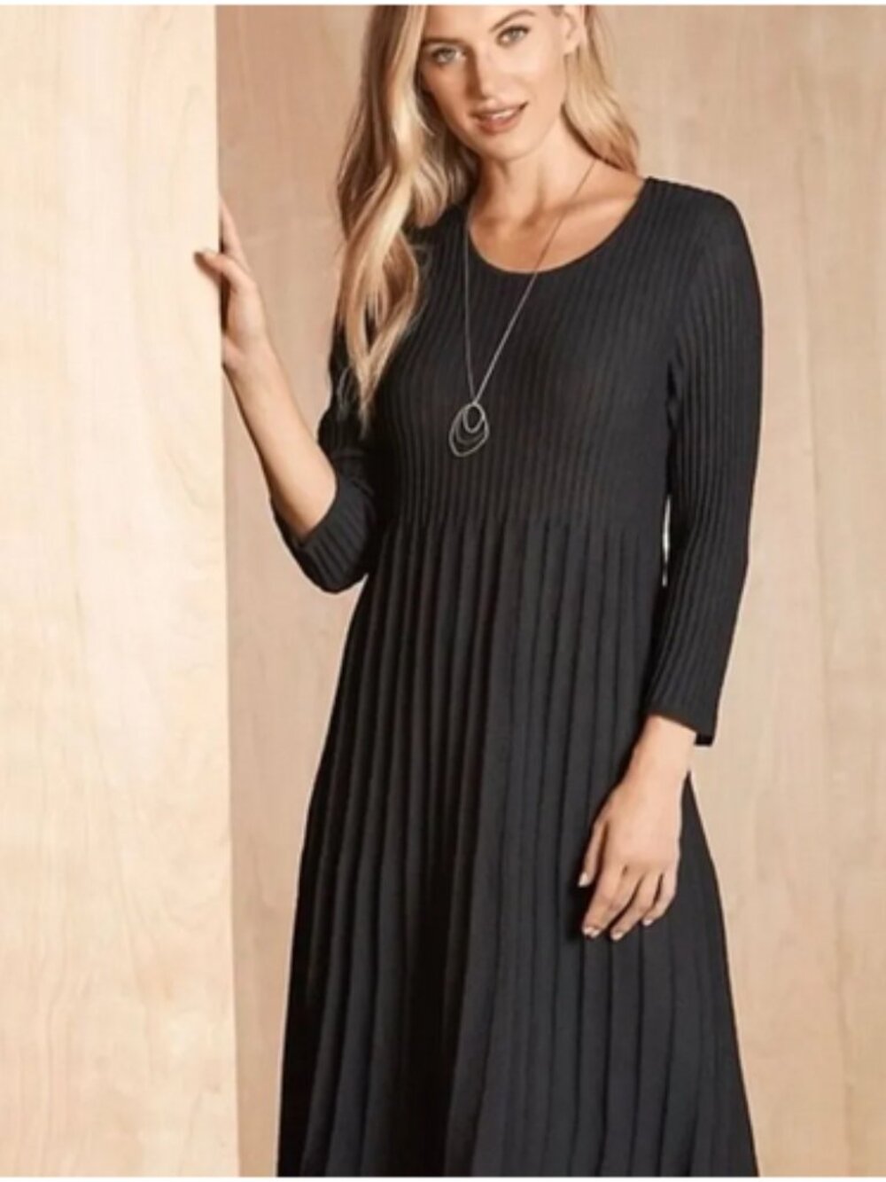 Eileen Fisher Black Ribbed Long Sleeve Midi Dress Petite Small NWT